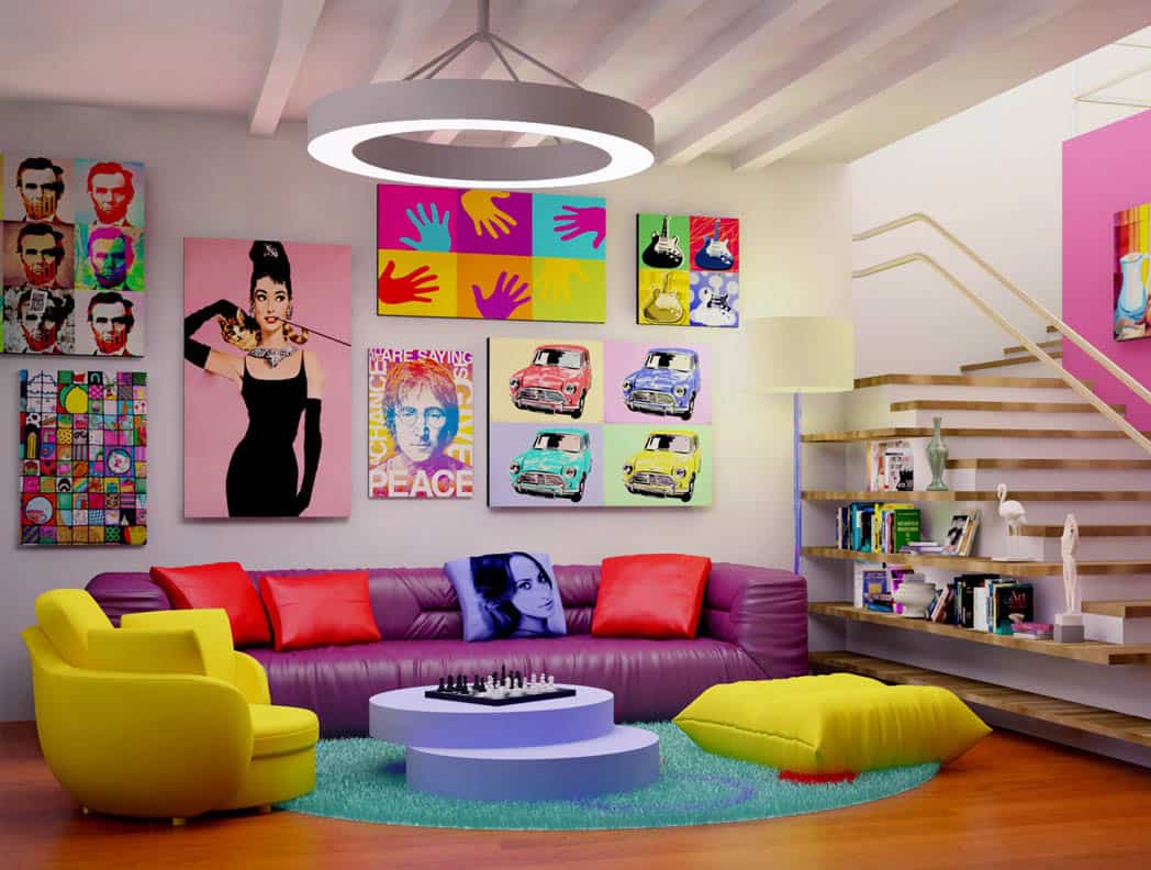 Obývačka zariadená v pop-art štýle